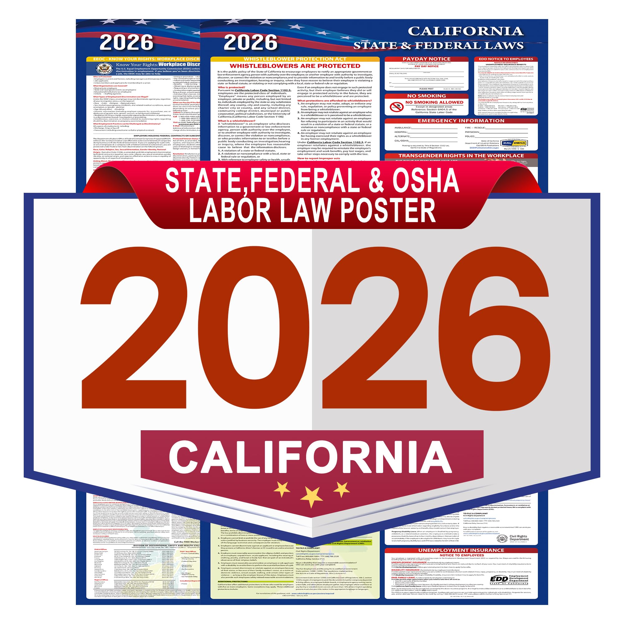 Photo 1 of 2026 California State and Federal Labor Laws Poster-English Version,OSHA Workplace Compliant,2PCS Folded,All in One Required Compliance Posting 17" x 40" Laminated
