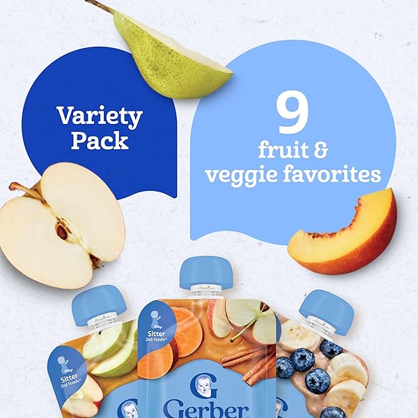 GERBER STAGE 2 BABY FOOD, FRUIT AND VEGGIE FAVORITES PUREE POUCHES VARIETY PACK, NO ADDED SWEETENER, BABY FOOD POUCHES, 9-PACK