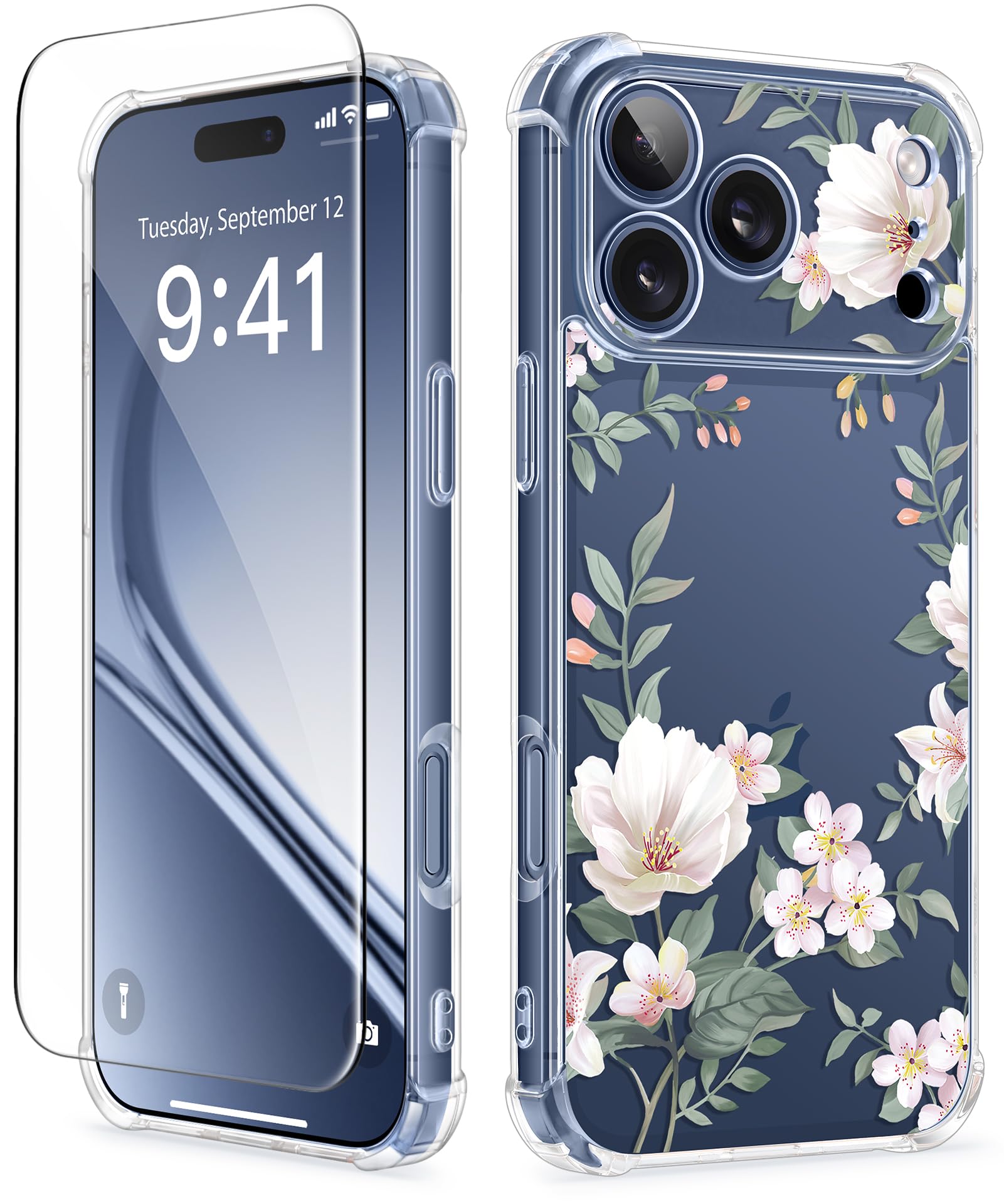 GVIEWIN for iPhone 17 Pro Max Case, with Screen Protector+Full Camera Protection, [NonYellowing] Clear Floral Slim Shockproof Protective Women Phone Case for iPhone 17 Pro Max 6.9", Magnolia/White