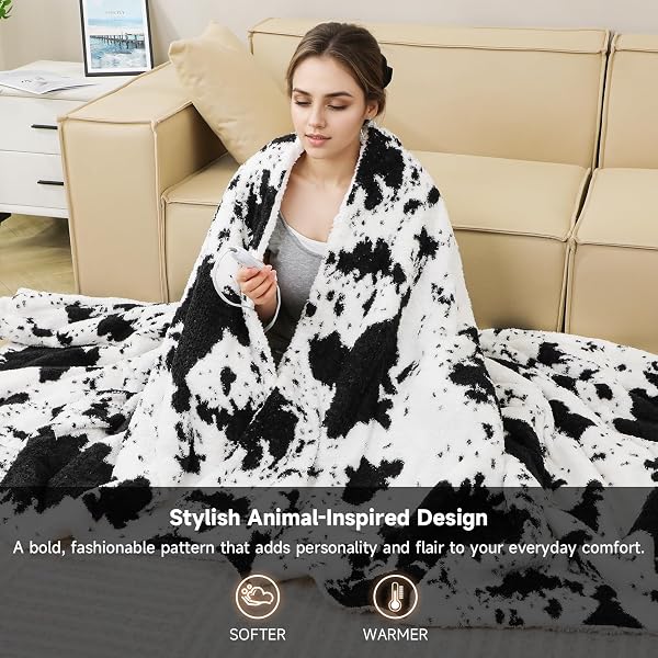 TIMICALDA COW PRINT ELECTRIC BLANKET – SOFT KNITTED SHERPA HEATED THROW WITH 4 HEAT LEVELS 4 HOURS AUTO-OFF, ELECTRIC THROW WITH OVERHEATING PROTECTION, WARM GIFTS, 50″X60″