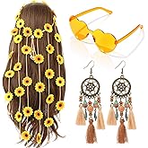 Hinly Hippie Costume Set Sunflower Headband Earrings Sunglasses 60s 70s Bohemian Costumes Style for Women Girls Groovy Party Birthday Supplies Disco Carnival Party Decorations