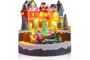OVEWIOS Christmas Village Houses, Santa Claus with Reindeer and Rotating Tree Lighted Musical Christmas Village with Colorful LED Lights, Battery Operated Collectible Building for Indoor Holiday Table Decor