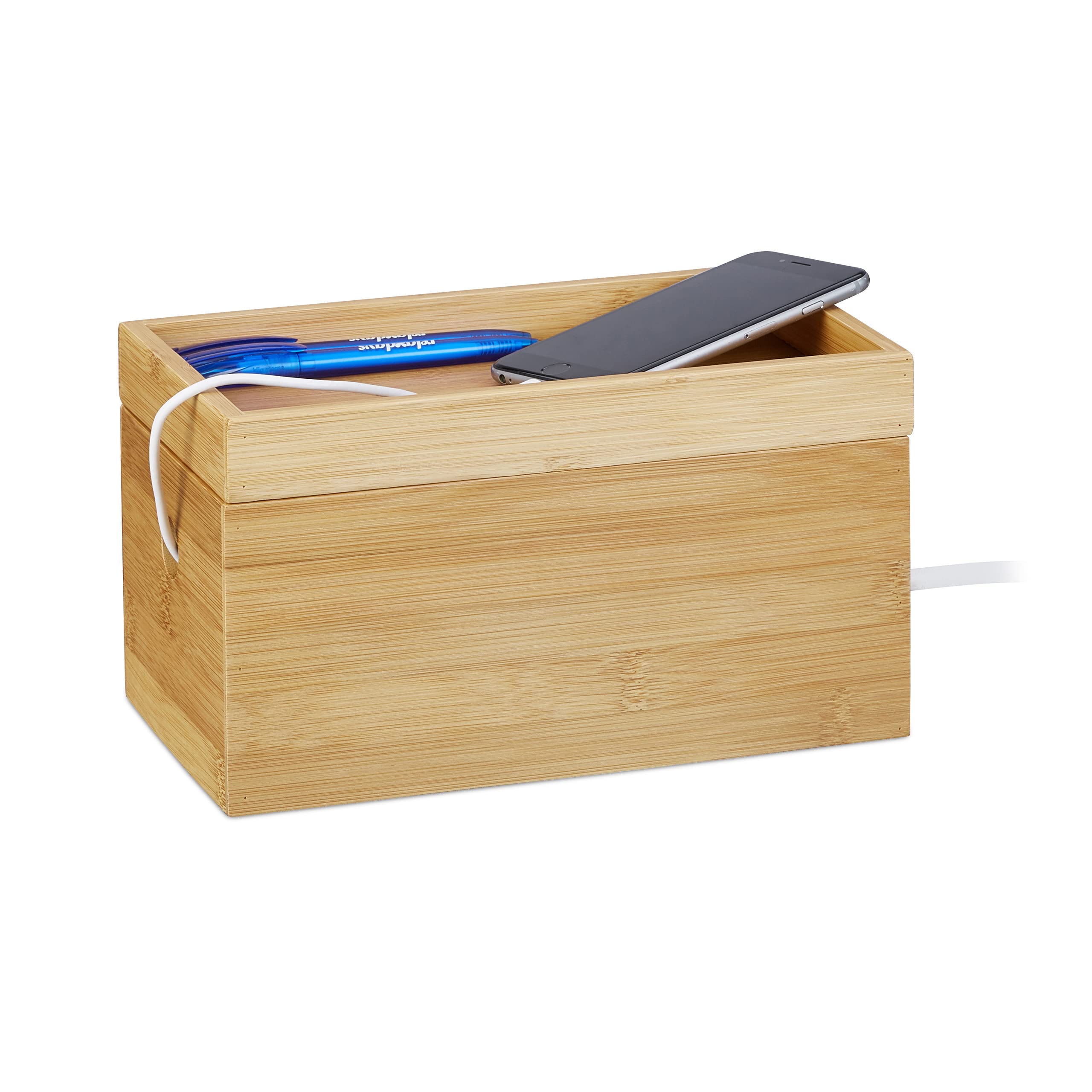 Relaxdays Bamboo Multi Cable Box, Compact, Versatile, Convenient Cable Management, H x W x D 14 x 25.5 x 14 cm, Natural