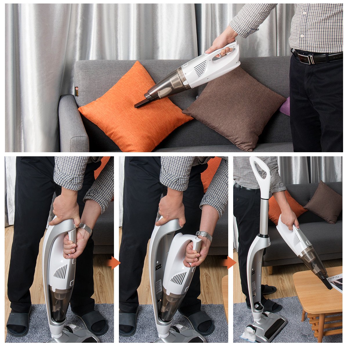 Cordless Vacuum Cleaner, EVERTOP 4 in 1 Bagless Stick Upright Vacuum Cleaner, Handheld Vacuum Cleaner, Floor Carpet Sweeper, Wet-Dry Vacuum Mop Cleaner for Hard Floor, Thin Carpet (Silver)