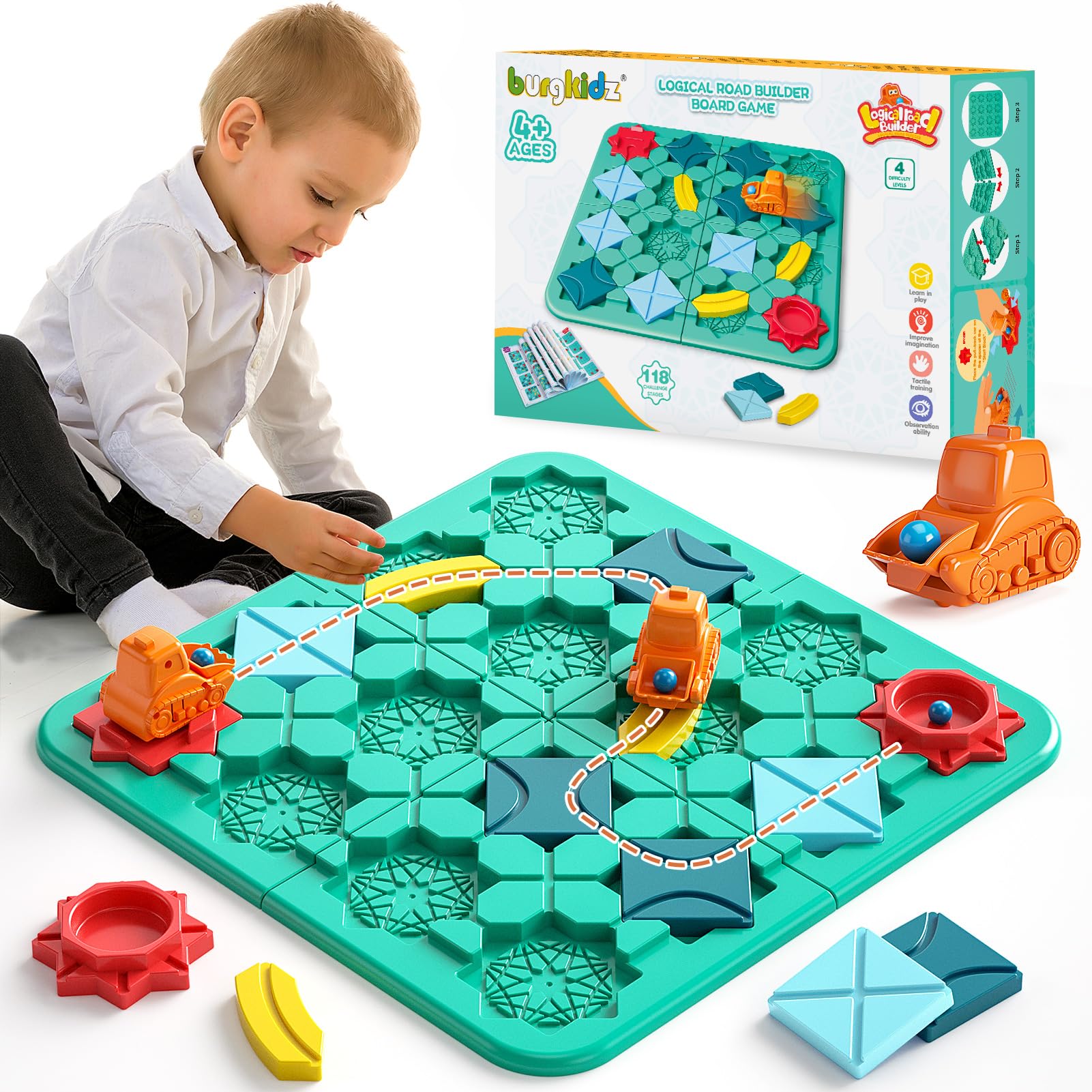 burgkidz Logischer Straßenbauer für Kinder, Logik Puzzle Labyrinth Brettspiele mit Auto Zurückziehen und Murmeln, Gehirn Spiele Kinderspielzeug Geschenk für 4 5 6 7 8 Jahre alte Jungen Mädchen