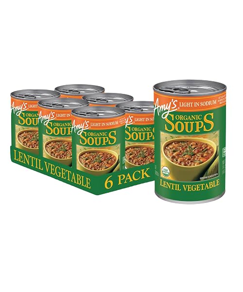 AMY’S SOUP, VEGAN LIGHT IN SODIUM LENTIL VEGETABLE SOUP, GLUTEN FREE, MADE WITH ORGANIC VEGETABLES, CANNED SOUP, 14.5 OZ (6 PACK)
