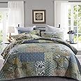 Yvooxny Quilt Set Queen Bedspread Reversible Green Farmhouse Garden Coverlet Real Patchwork Quilt Set for All Seasons, Bohemian Floral Pattern, Queen Size