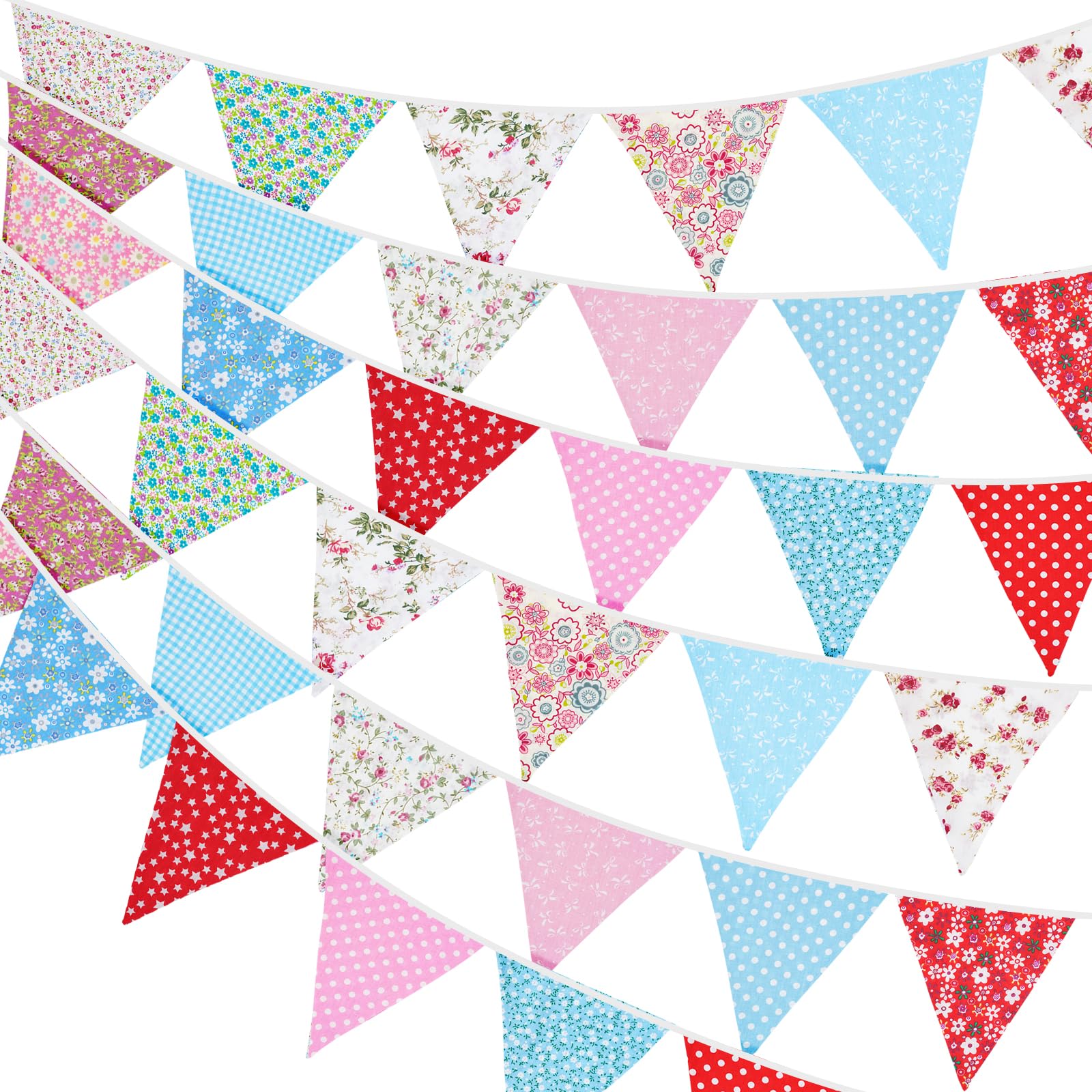 G2PLUS 36PCS Double Sided Fabric Bunting, 10M Blue and Red Floral Cotton Banner, 17x19CM Large Triangle Garland Reusable for Indoor and Outdoor Party Decoration