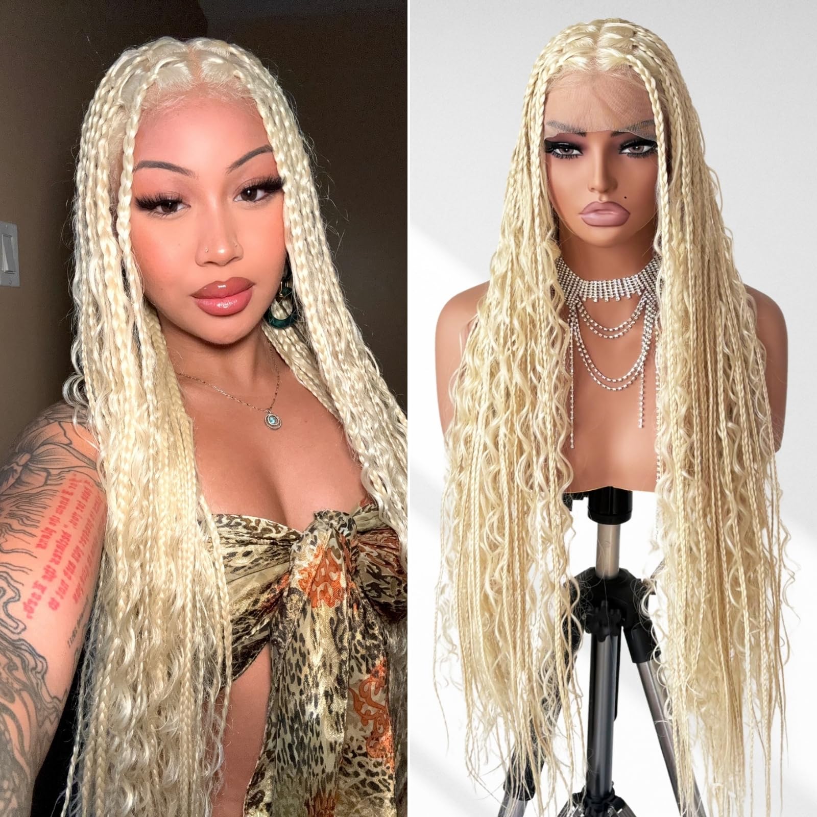 Photo 1 of 32 Inch Platinum Blonde Boho Braided Wigs for Black Women Hand-Braided Square Knotless Box Braids Wig with Bohemian Curly, Glueless Lace Synthetic Braided Wig with Baby Hair & Natural Looking Hairline