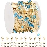 GTVOODX 9.84 Feet KC Gold Plated Butterfly Chain Blue Crystal Beads Brass Chain Bulk for Bracelet Necklace Jewelry Making DIY Supplies with 10 Lobster Clasps and 30 Jump Rings