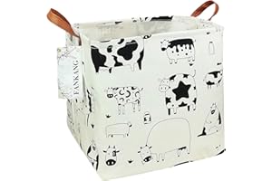 FANKANG Square Nursery Hamper Storage Bins Canvas Laundry Basket Foldable with Waterproof PE Coating Storage Baskets Gift Baskets for Children, Office, Bedroom, Clothes（Square-Cows ）