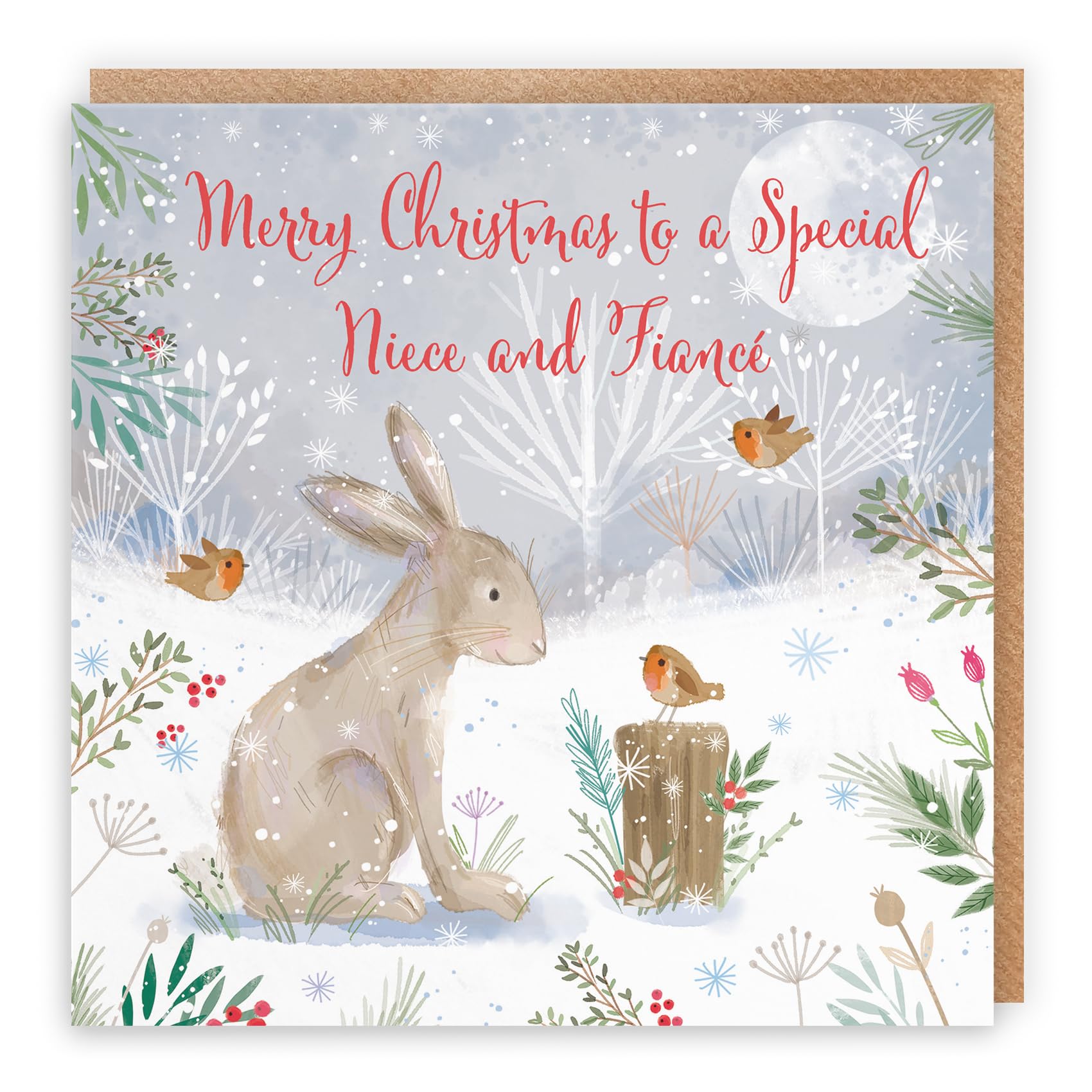 Hunts England - Niece And Fiancé Cute Hare Christmas Card - Nature's Treasures - Happy Animal Wildlife Cute Merry Xmas Card - Robins And Snow - From Auntie, Uncle