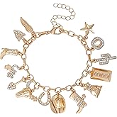 Jessica Simpson Gold Tone Charm Bracelet for Women 7"+3", Western Bracelets for Women, 14 Charms with Crystals
