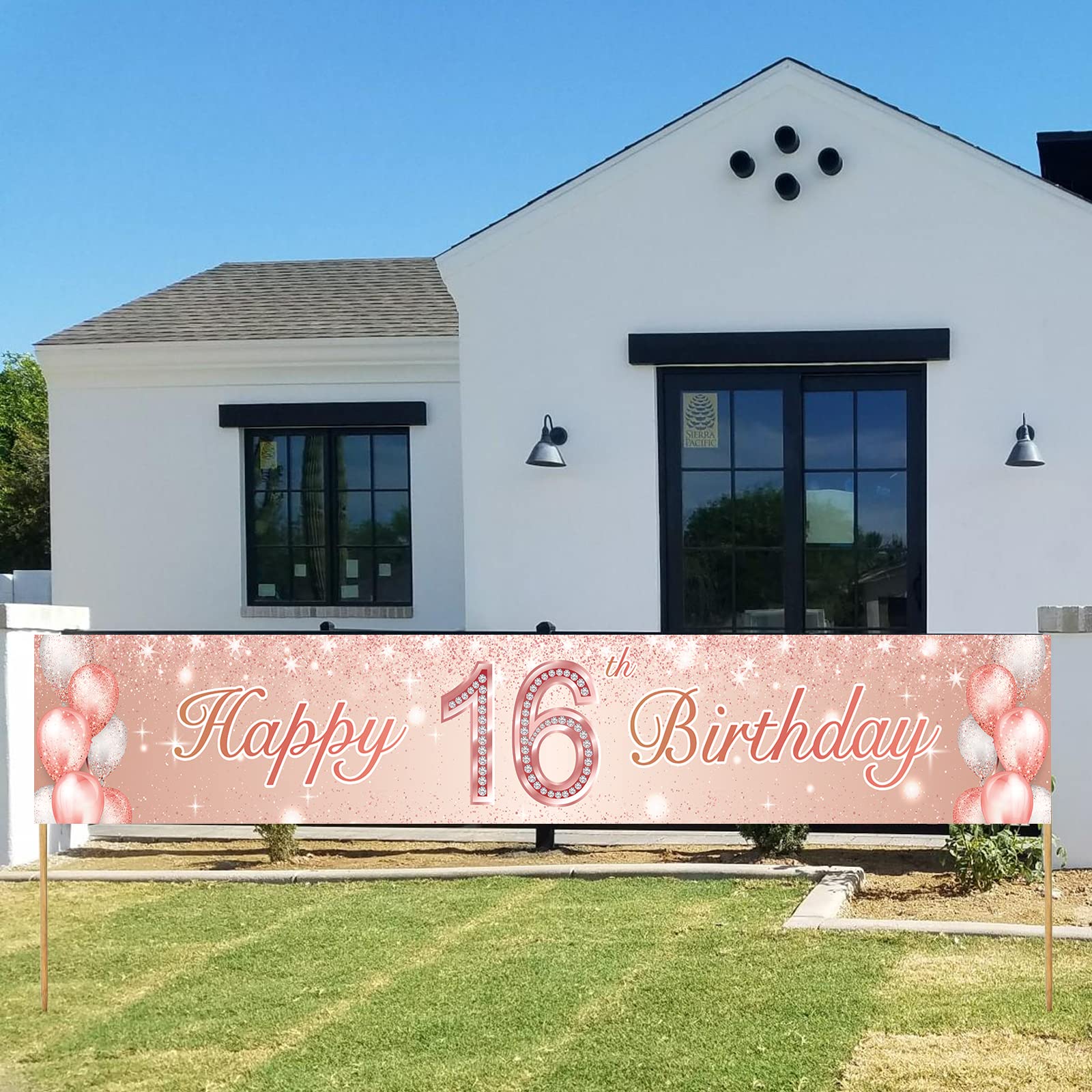 Photo 1 of Happy 16th Birthday Rose Gold Banner Backdrop Balloon Confetti Theme Decor Decorations for Girls 16th Birthday Party Pink Birthday Party Cheers to 16 Years Party Supplies Bday Favors Glitter