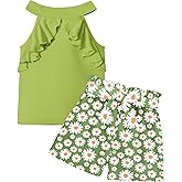 MIGU Girls Clothes Summer Halter Neck Ruffle Sleeveless Top Fashion Cute Floral Belt Shorts Two Piece Outfit Set Size 6-12
