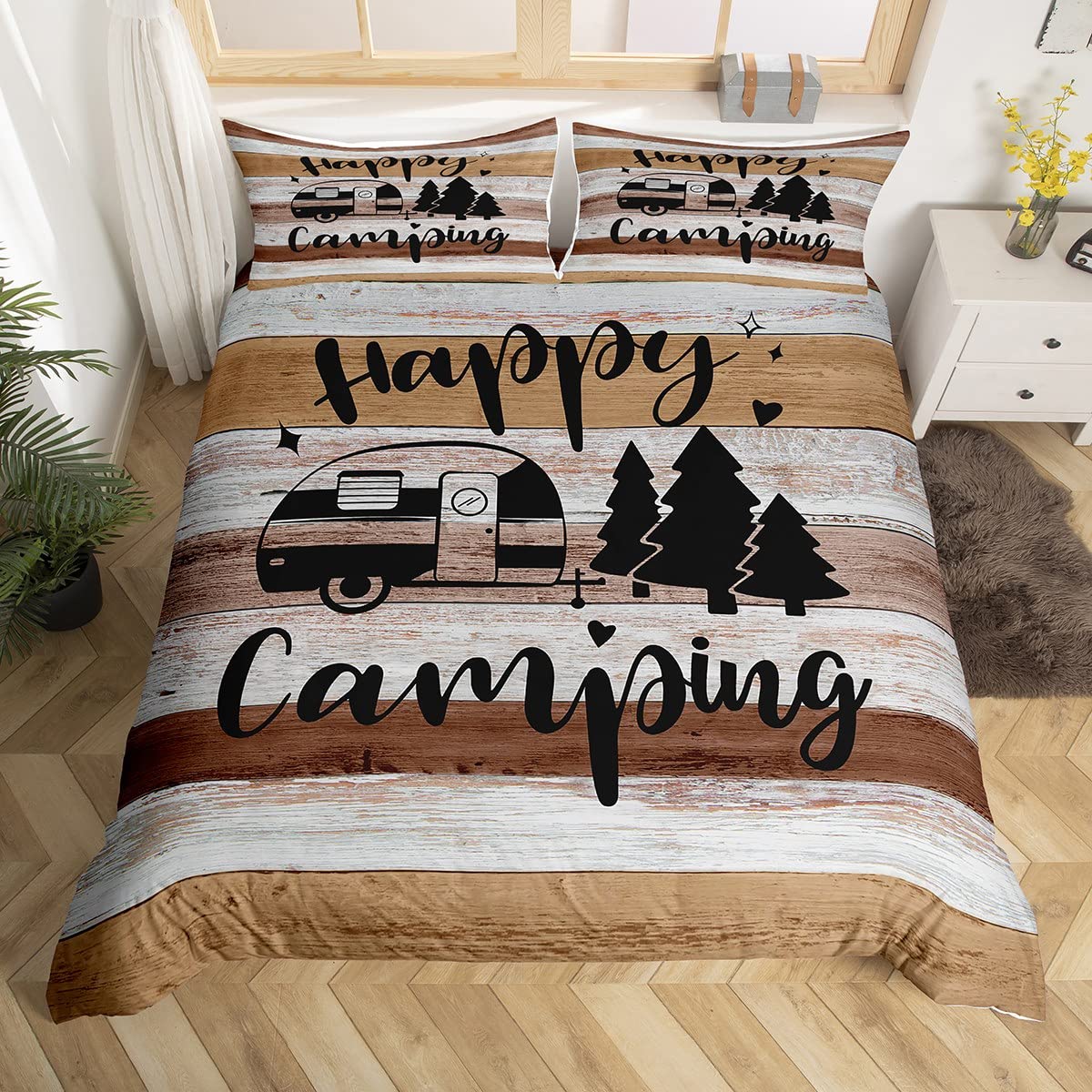 Happy Camping Duvet Cover Set Double for Girls Boys Kids Western Farmhouse Vintage Wood Bedding Set RV Camper Wild Adventure Comforter Cover with 2 Pillow Sham Zipper Ultra Soft Microfiber