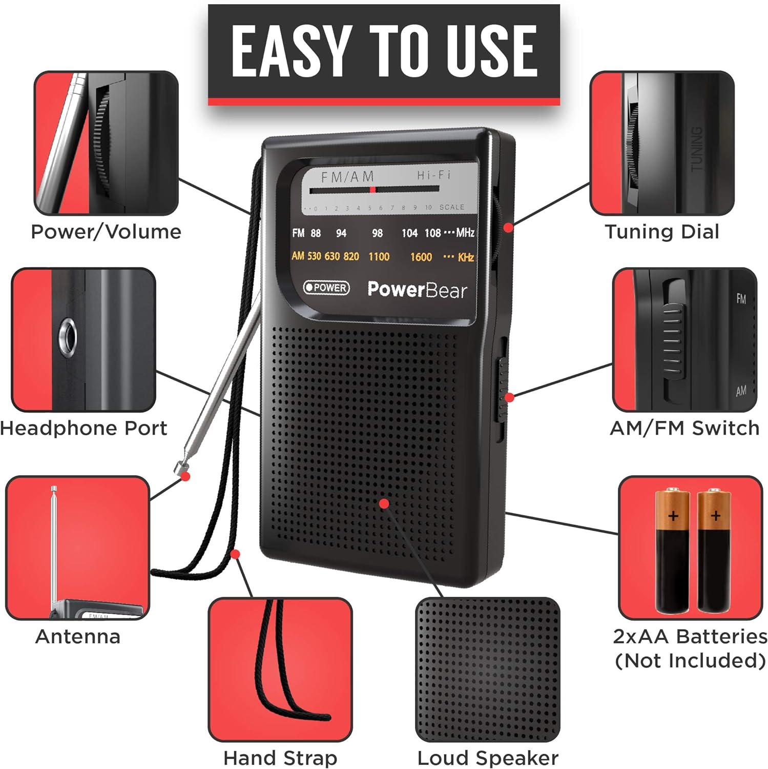 PowerBear Portable Radio | AM/FM, Battery Operated, Long Range (Black): Home Audio & Theater