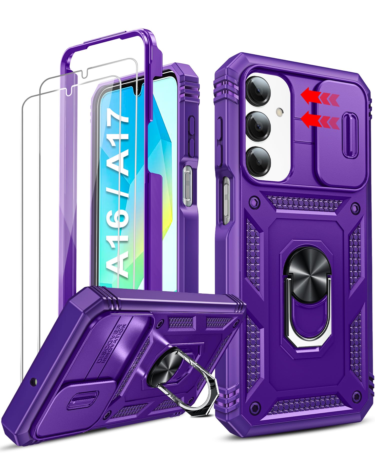 LeYi for Samsung Galaxy A17/A16-5G Case: A17 5G Case with Tempered Glass Screen Protector, Magnetic Stand & Slide Camera Cover, Shock Proof Military-Grade para Galaxy A 16 /A17 5G Phone Case, Purple