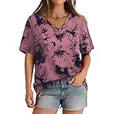 Short Sleeve Shirts for Women Trendy V Neck Tshirts Y2k Tops Women Clothing Tie Dye Pink