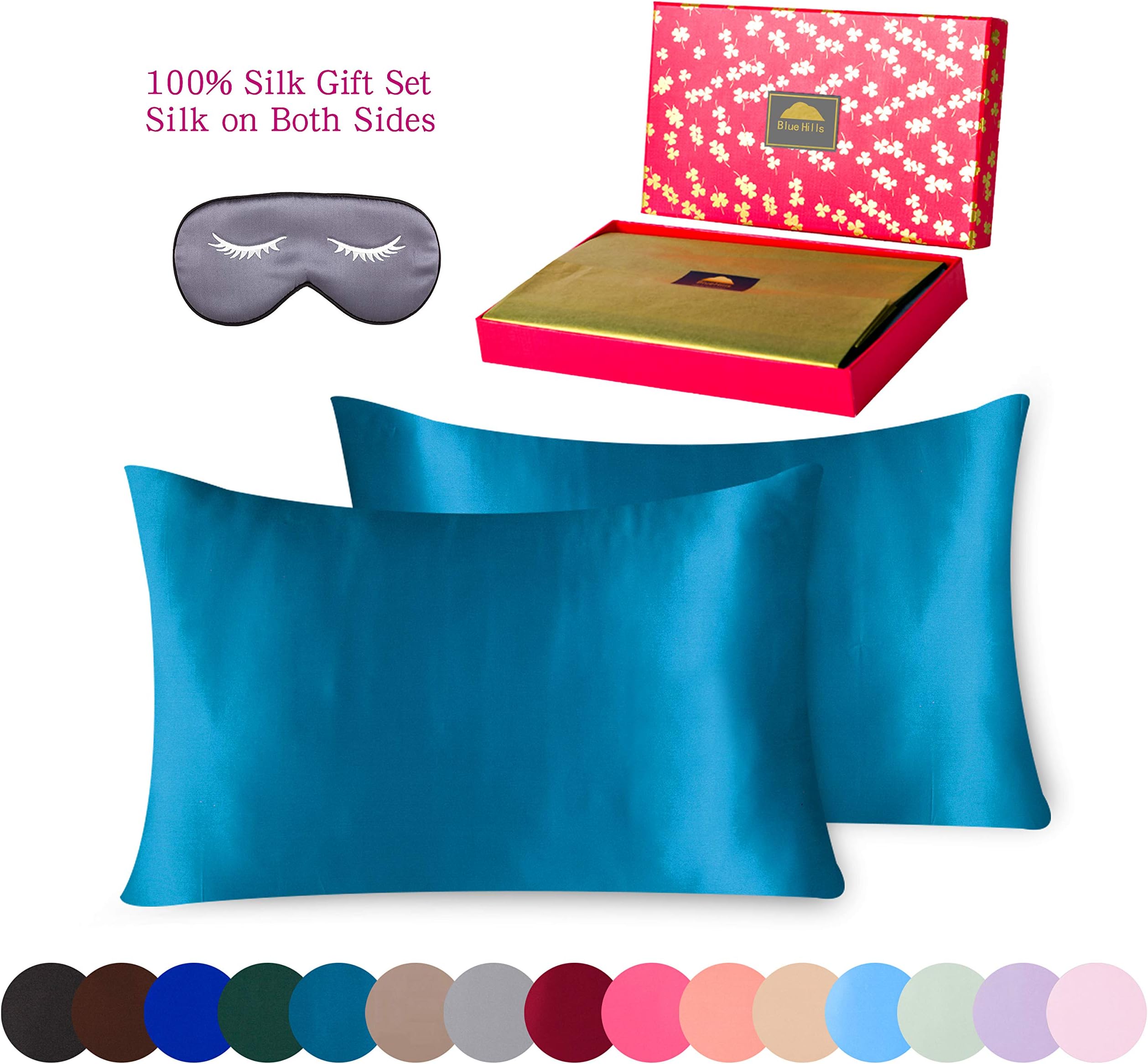 BlueHills Luxury Silk Pillowcase Gift Set - 100% Pure Mulberry Natural Soft Both Sides Silk Pillowcase 2 Pack for Hair and Skin & 1 Pure Silk Eye Mask Gift Box 3 Piece Set Peacock Teal Quen Size Q007