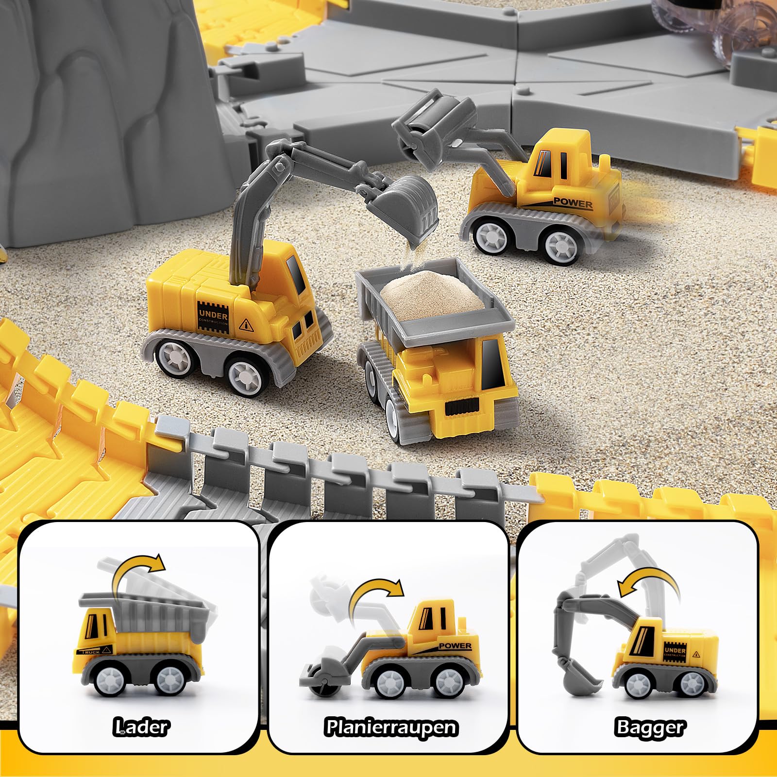 Autorennbahn ab 3 4 5 6 7 8 Jahre, 264 Stück 5 Cars Bagger Spielzeug Autorennbahn Rennbahn 2 Glow Elektroautos,3 Bauwagen,Flexibles DIY Gleis-Set Flexible Track Kran Spiele (Rennbahn) 5