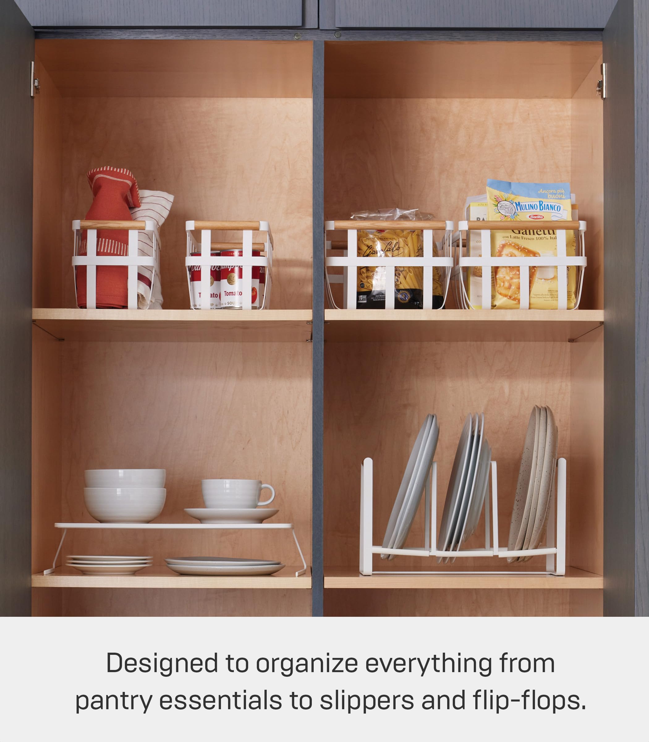 Yamazaki Home Storage Basket - Home Organizer Bin Holder with Wooden Handle Steel + Wood Small White
