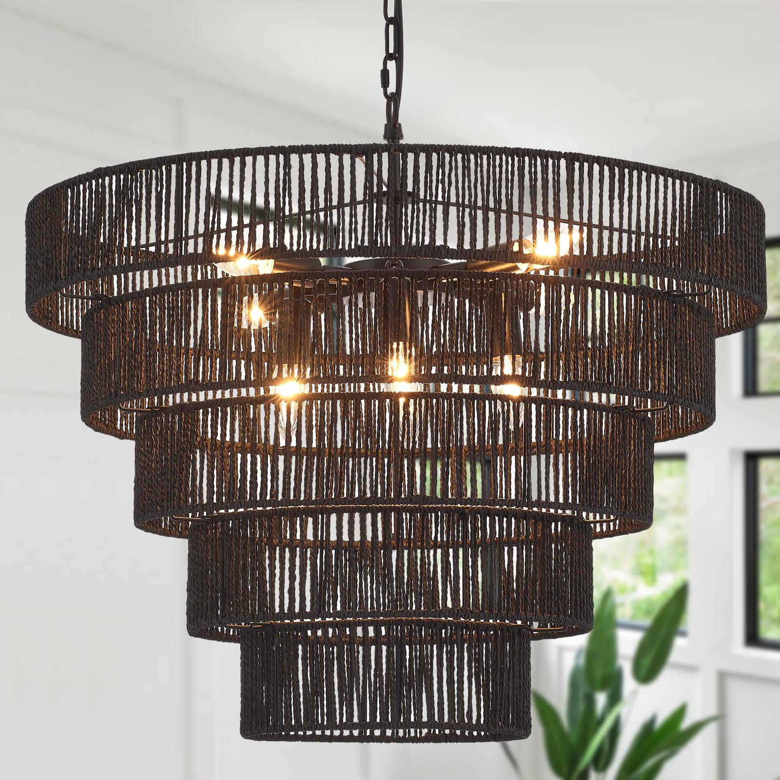 YOMECOO 25.6" Large Black Rattan Chandelier