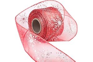 Livder 2.5 Inch Wide Christmas Wired Ribbon Snowflake Organza Sheer Glitter Ribbon for Xmas Tree, Wreath, Party Decoration, Gift Wrapping (Red, 21.9 Yards)