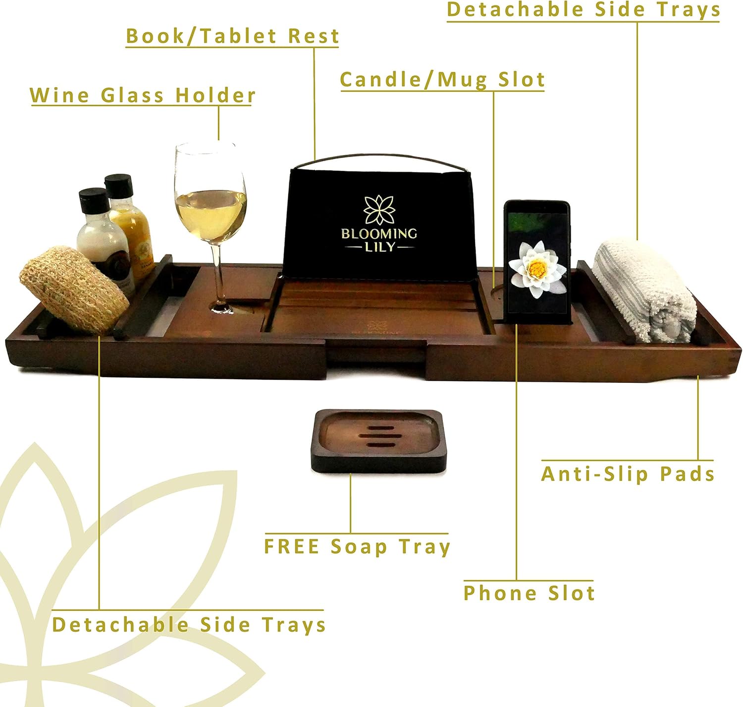 Blooming Lily Bathtub Tray - Sturdily Designed Bath Caddy with Wine Glass Holder, Ipad Stand and More Suitable for Most Baths (Brown): Kitchen & Dining