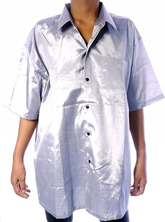 MENS SILK SHIRT PLAIN SILVER SHORT SLEEVE SLEEVED size XXL 54in