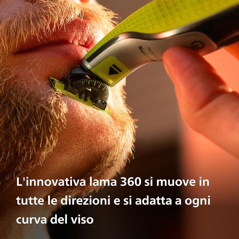 OneBlade 360 Face, Autentico Regolabarba e Rasoio Elettrico, con l'Innovativa Lama 360, 2 Lame 360 per il Viso, Pettine Regolabile 5 in 1 (Modello QP2734/30)