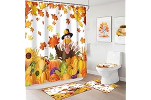 MEHOFOND Thanksgiving Shower Curtain Sets Fall Pumpkin Turkey Maple Leaf Bathroom Curtain Decor Sets with Rugs Thanksgiving Bathroom Set with Non-Slip Rugs,Toilet Lid Cover, Bath Mat and 12 Hooks