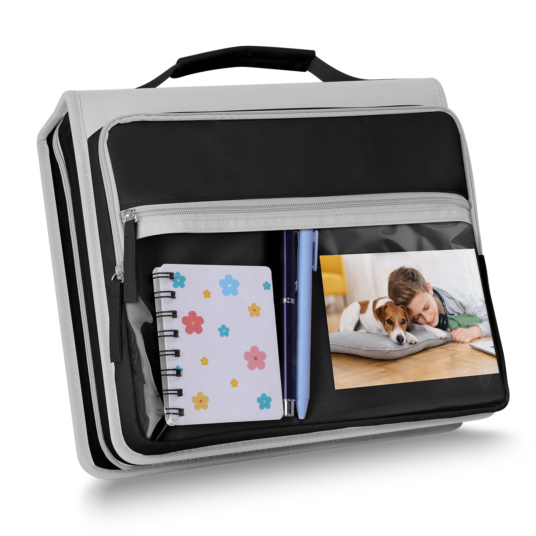 Photo 1 of Ndsox Zipper Binder 3 Ring with Handle, 2 Inch O-Ring Document Organizer Middle School Binder with Zipper for Students, 5-Tab Expanding File Folder & 2 Mesh Pouches, DIY Clear Front Pocket, Black