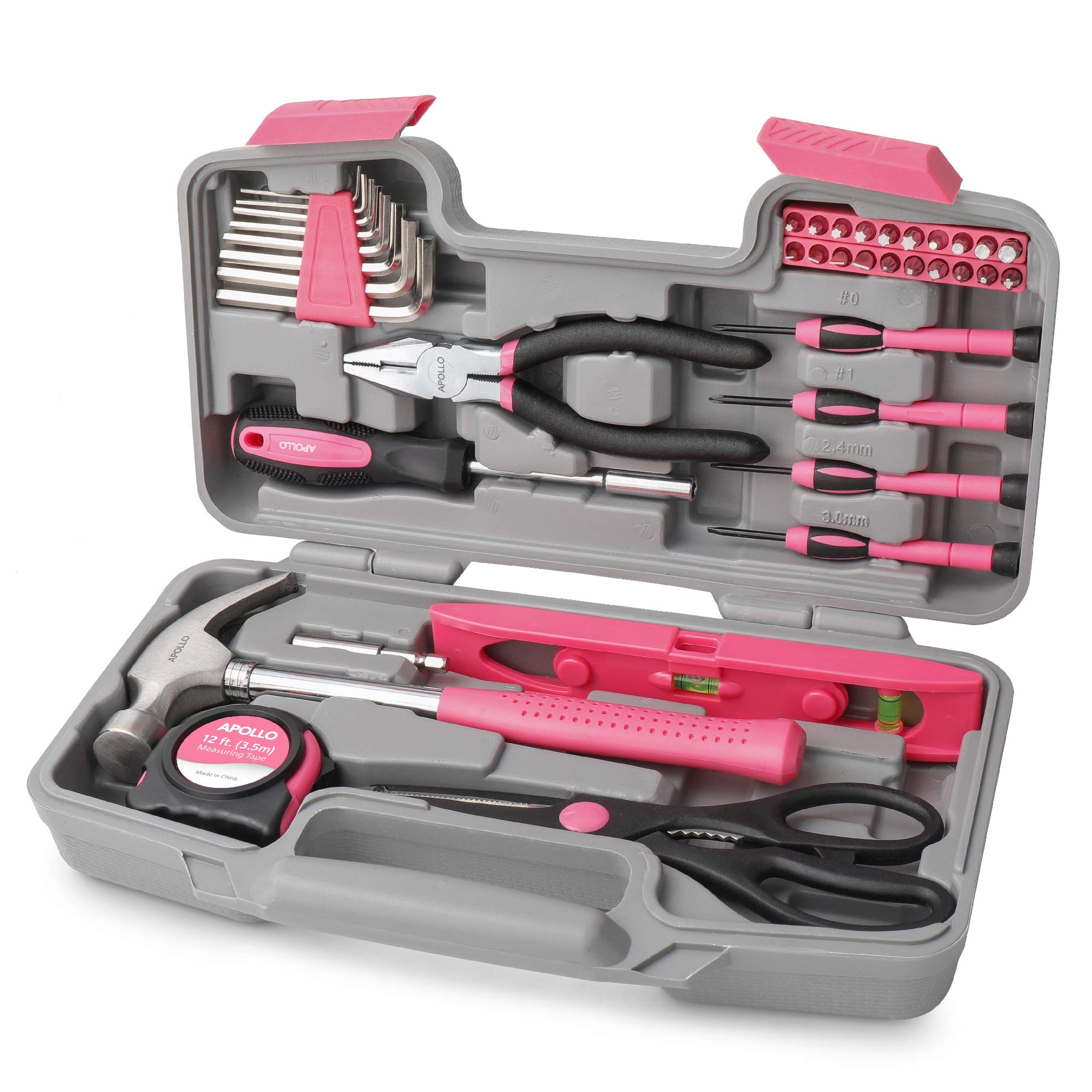 Apollo 39pc Pink Home DIY Repair Tool Kit Set. Women Ladies Starter Basic Hand Tools in a Compact and Portable Toolbox Case for Household and Office