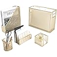 Desk Accessories Gold - 5 Piece Desk Accessories Set for Office Organization Gold with Hanging File Holder Gold Desk Accessories for Women Office File Organizer Gold Boho Desk Organizer Desk Décor