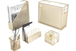 Blu Monaco 5 Piece Office Supplies Gold Desk Organizer Set - Desktop Hanging File Organizer - Desk Organizers and Storage - D