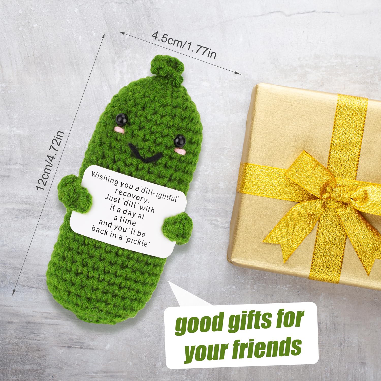 Get Well Soon Pickle, Green Funny Positive Cucumber with Card Woolen Yarn Gifts for Family & Friends After Surgery Knitted Emotional Crochet Doll Healing Gift for Encouragement Support