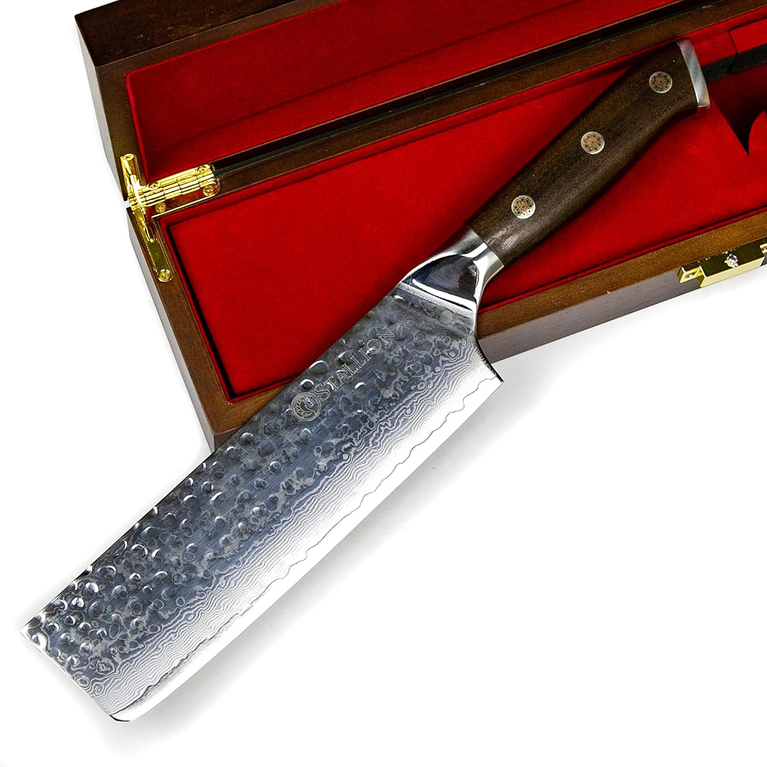 Stallion Damastmesser Ironwood Nakirimesser 17,5 cm - Messer aus Damaststahl mit Griff aus Eisenholz in Edler Geschenkbox