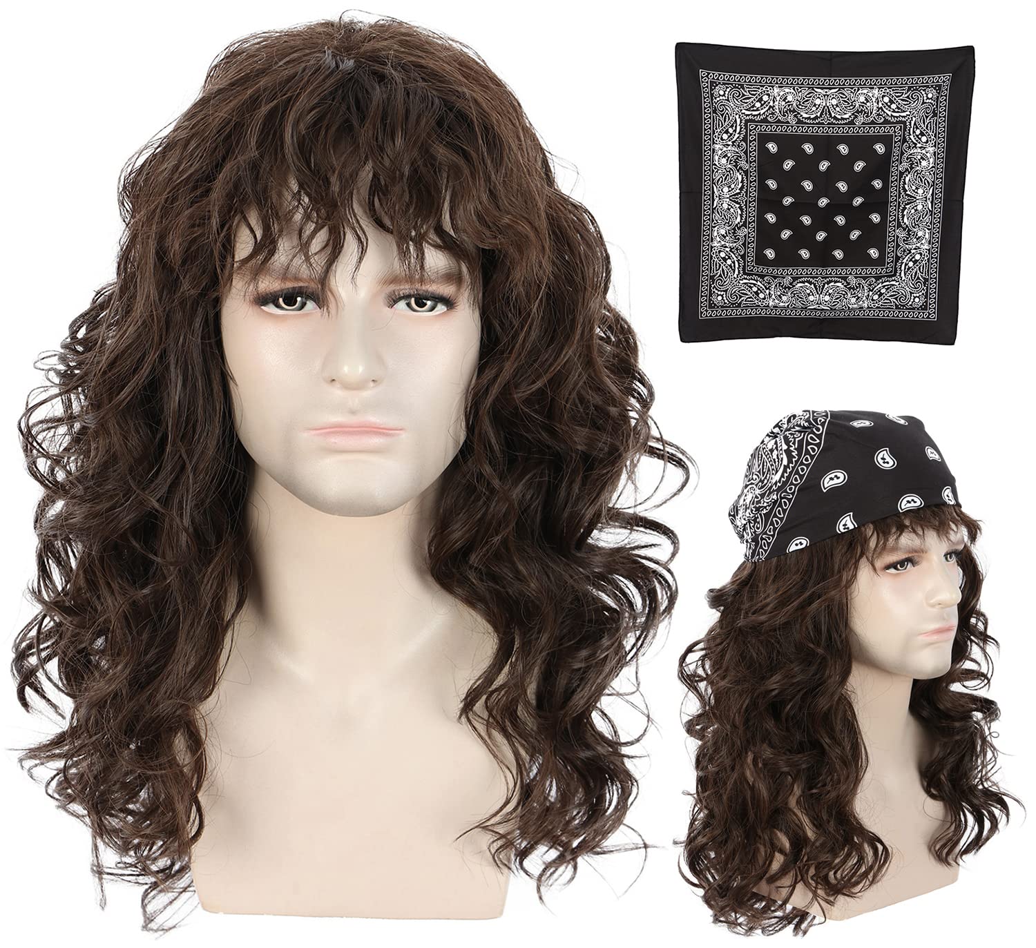 Karlery Men Long Brown Wave Wig with Bandana 80s Heavy Metal Punk Rocker Costume Wig for Cosplay Party