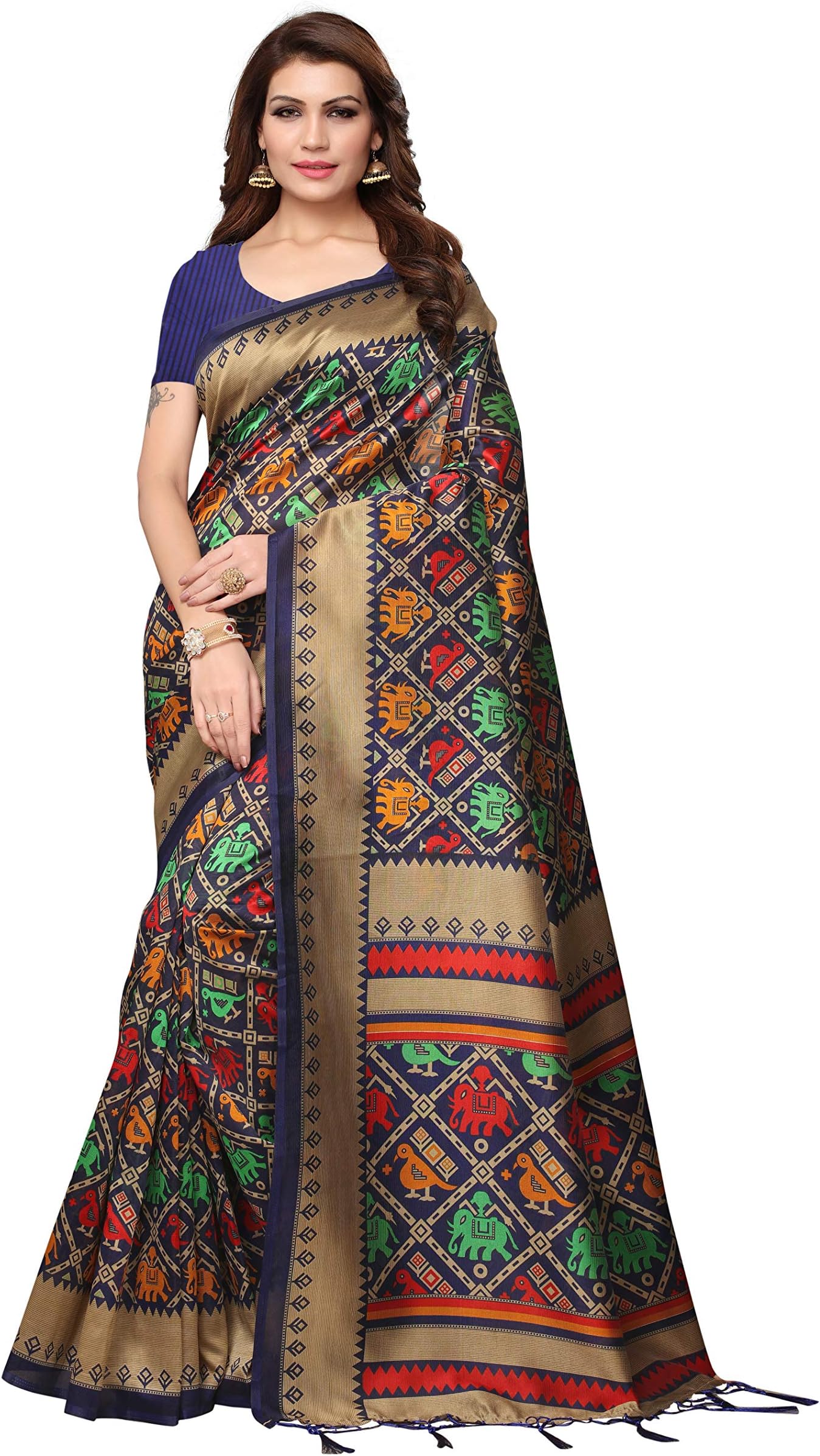 MRINALIKA FASHION Women's Animal Printed Art Silk Saree with Unstitched Blouse Piece (Navy Blue_APHALSP65D)