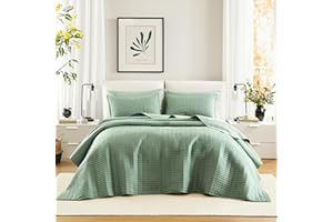 Comfort Spaces Sage Green Oversized King Quilt Set 120"x118" Bedspread Quilted Summer Lightweight Microfiber Bedding Coverlet with Double Sided Stitching Soft All Season 3 Piece with Matching Shams