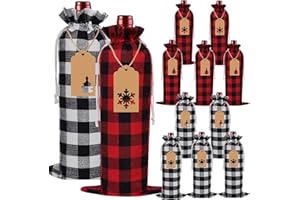 DULEFUN 12pcs Christmas Wine Bags, Christmas Wine Gift Bags Classic Buffalo Plaid Burlap Wine Bags Reusable Xmas Wine Bottle Clothes Covers for Christmas Wedding New Year Holiday Parties Decorations