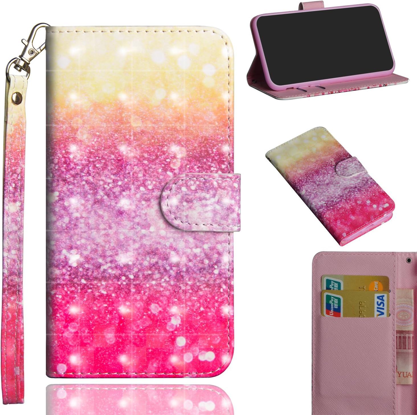 CASE4YOU Samsung Galaxy J2 Core, J2 Dash, J2 Pure, J260 Wallet Case, Flip PU Leather Cover Book Style Cases Kickstand Holder Cards Slots Holster Full Body Shockproof Protection Bumper Pink Glitter