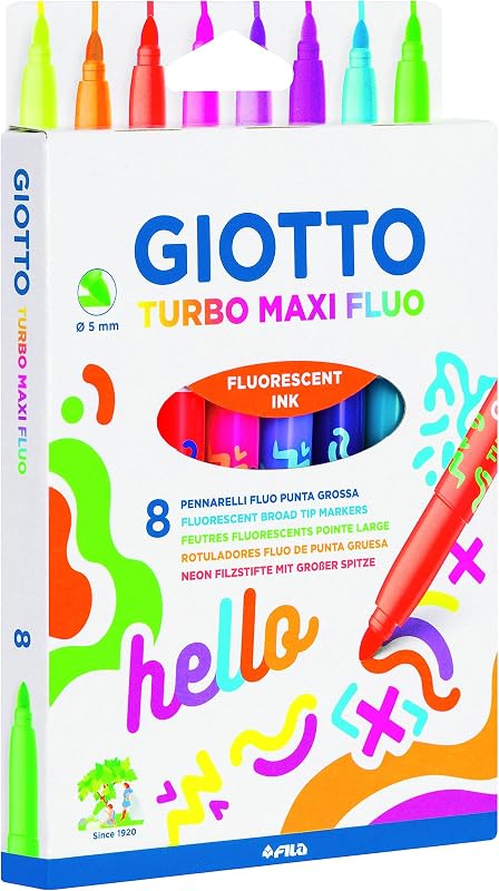 Turbo Maxi, marcadores de ponta de fibra de tinta fluorescente, ponta larga, 5 mm de chumbo, cores variadas Fluo, 8 unidades