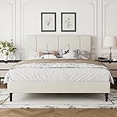 IOILORI Queen Size Bed Frame Platform with Velvet Upholstered Headboard, Sturdy Wooden Slats, No Spring Box, No Noise, Easy to Assemble, Light Grey Bedframe with Strong Wooden Slats, Beige