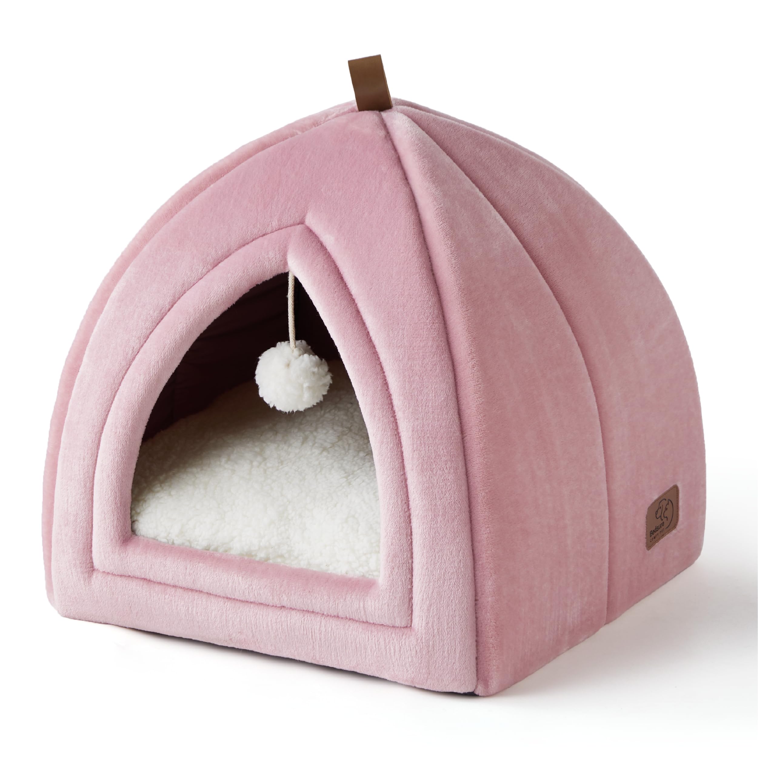 Bedsure Cat Cave Bed Indoor - Flannel Hooded Cat Igloo House, 38x38x38cm Enclosed Foldable Pet Bed with Removable Washable Cushion Pillow, Pink