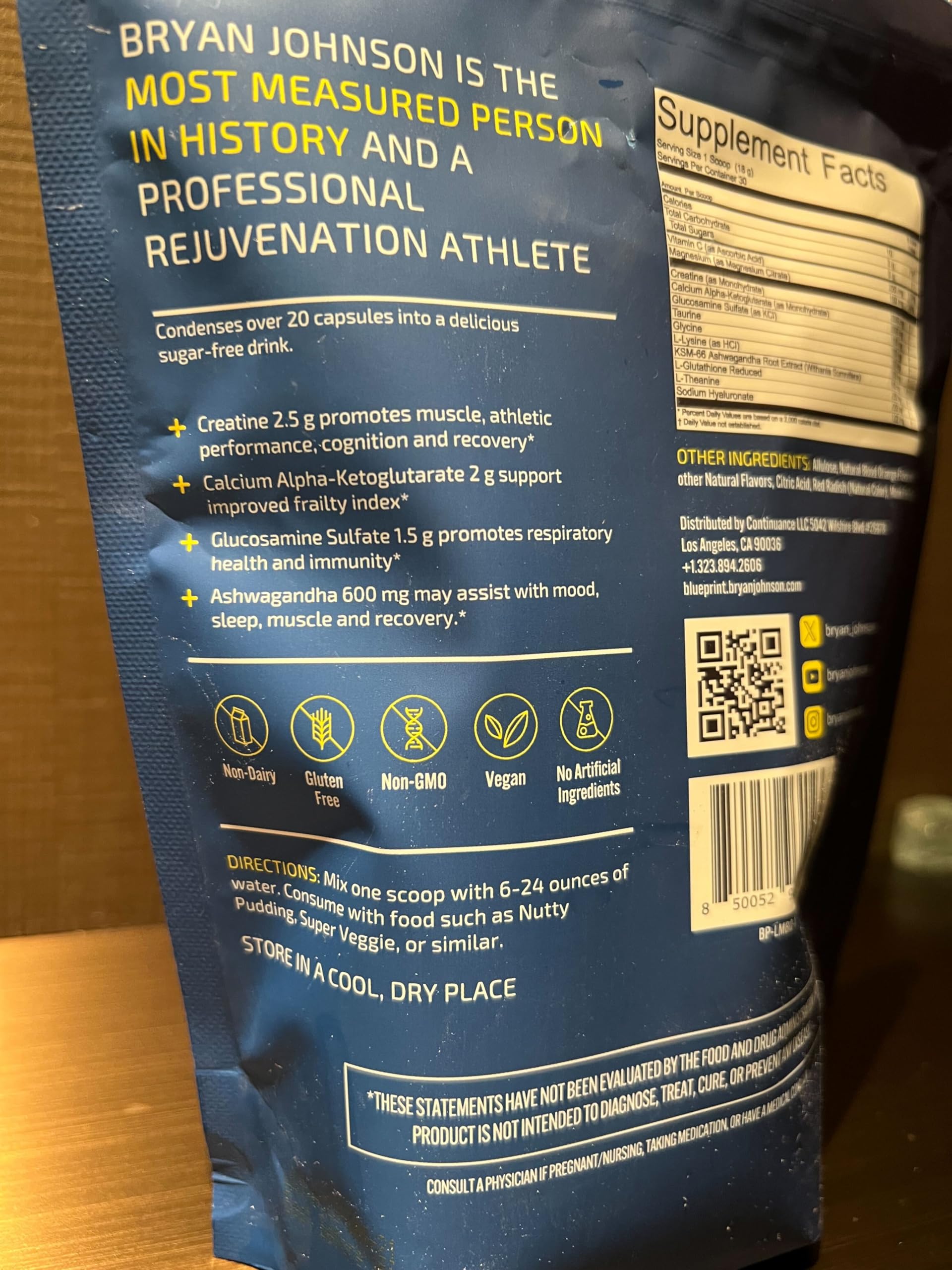 Blueprint Bryan Johnson Longevity Mix - Muscle Builder & Recovery Supplement - Promotes Focus and Balanced Mood - Magnesium, Creatine, L-Theanine, Glutathione & Vitamin C- 30 Servings, Blood Orange