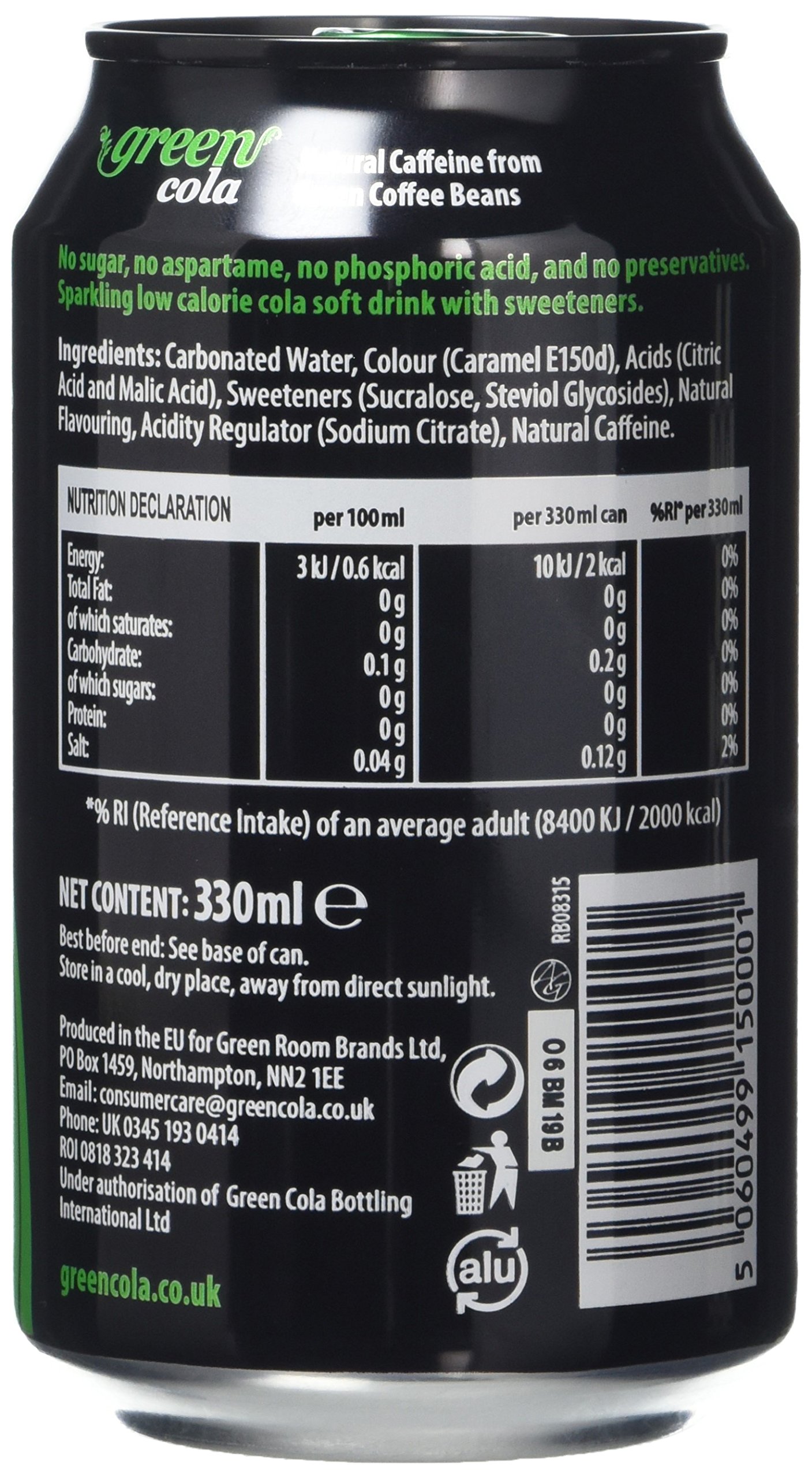 Green Cola Cans 24 Pack, No Sugar Soft Drink, 0 Calories, No Aspartame