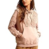 TIQOJE Women’s Pullover Hoodie Lace Eyelet Sweatshirt Long Sleeve Ruffle Trim Hoodie with Kangaroo Pocket
