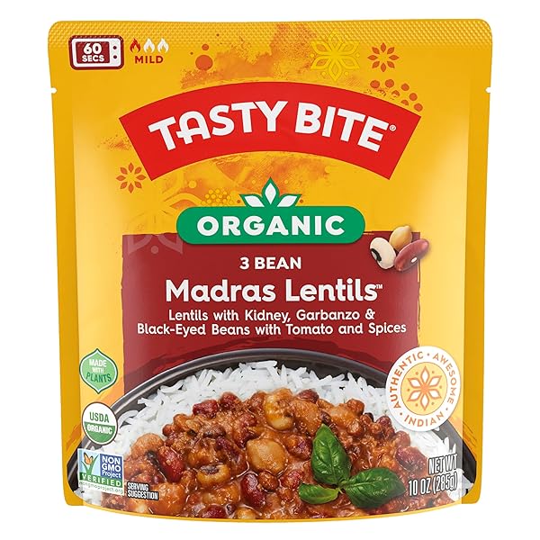 TASTYBITE ORGANIC THREE BEAN MADRAS LENTILS, 10 OZ